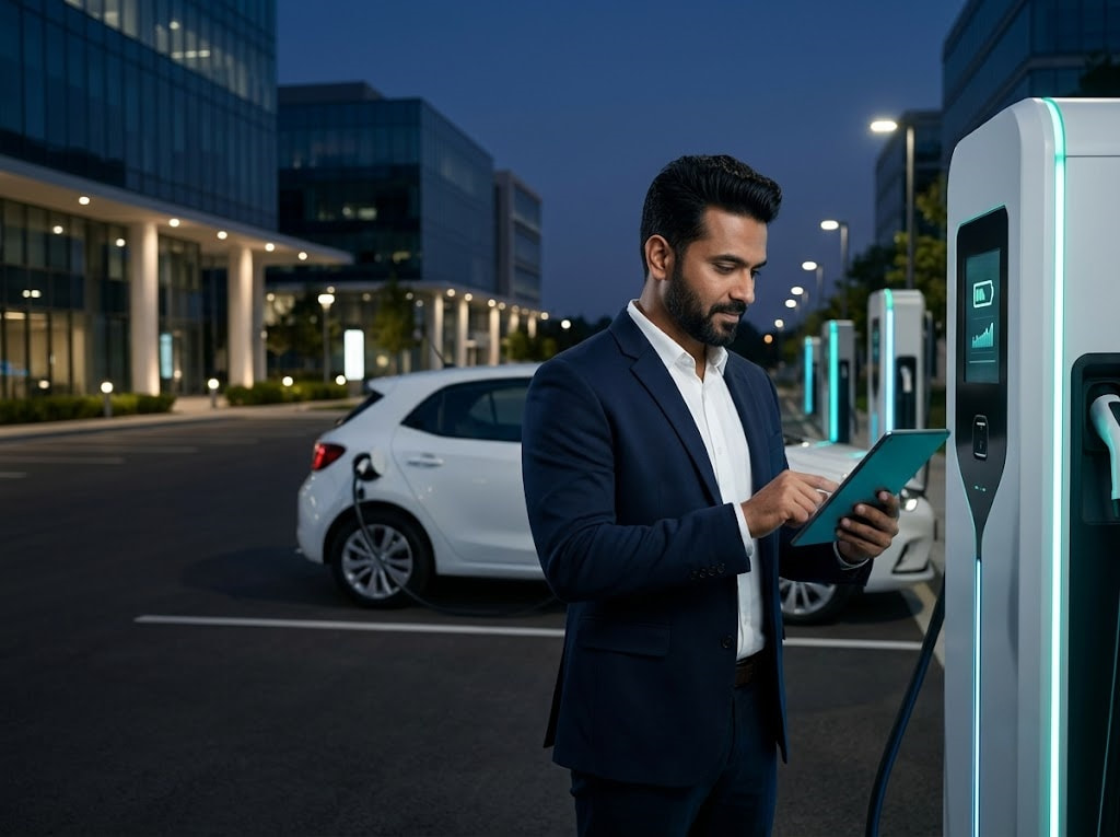 Indian business operator reviewing an EV charging station opportunity
